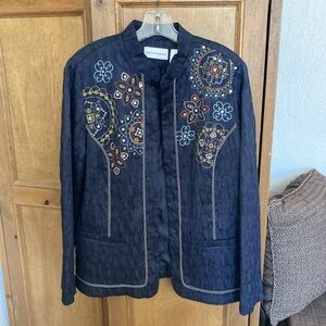 Alfred Dunner Womens Navy Blue Sequin & Embroidered Crinkle Blazer Jacket Sz 18